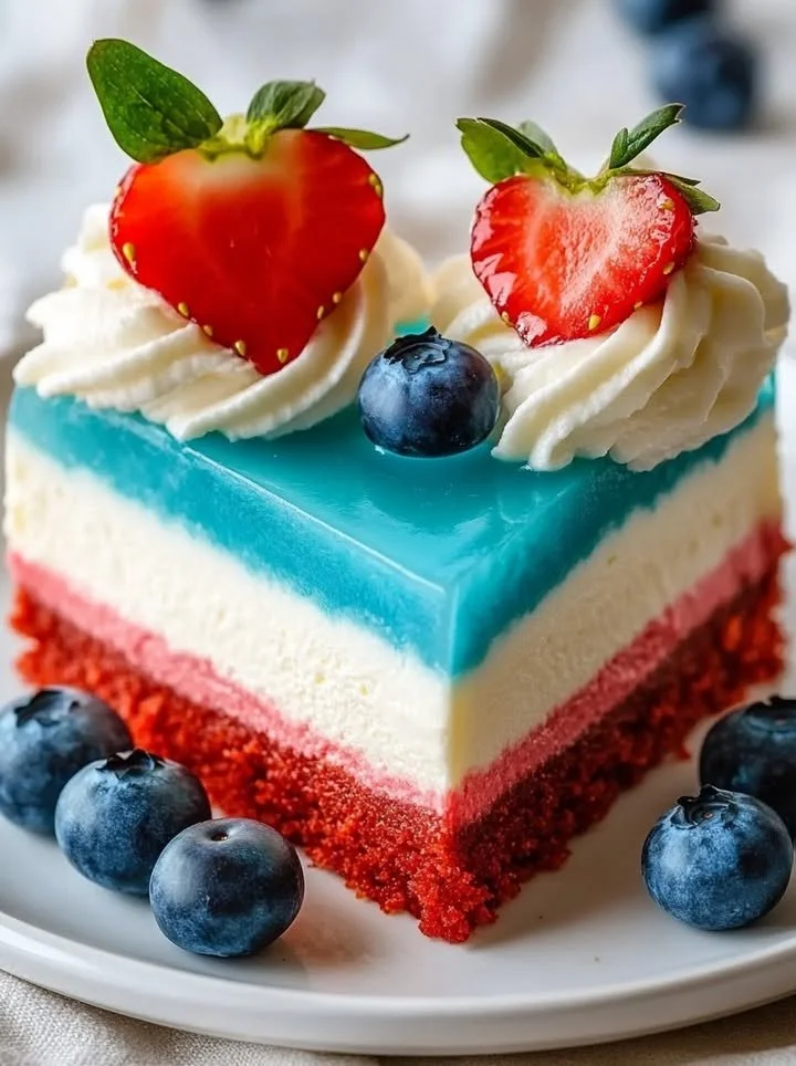 No Bake Patriotic Cheesecake topped with red, white, and blue berries.