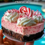 No-bake peppermint cheesecake topped with whipped cream and chocolate shavings