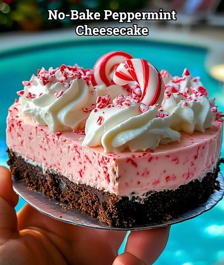 No-bake peppermint cheesecake topped with whipped cream and chocolate shavings