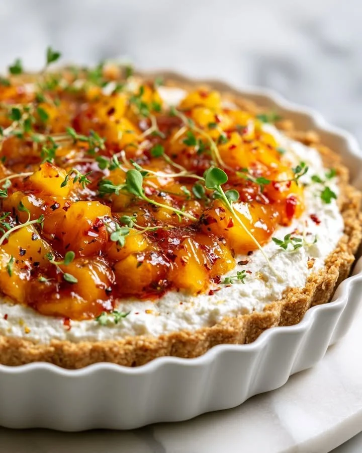 No-Bake Savory Cheesecake Tart with Peach and Thyme Salsa