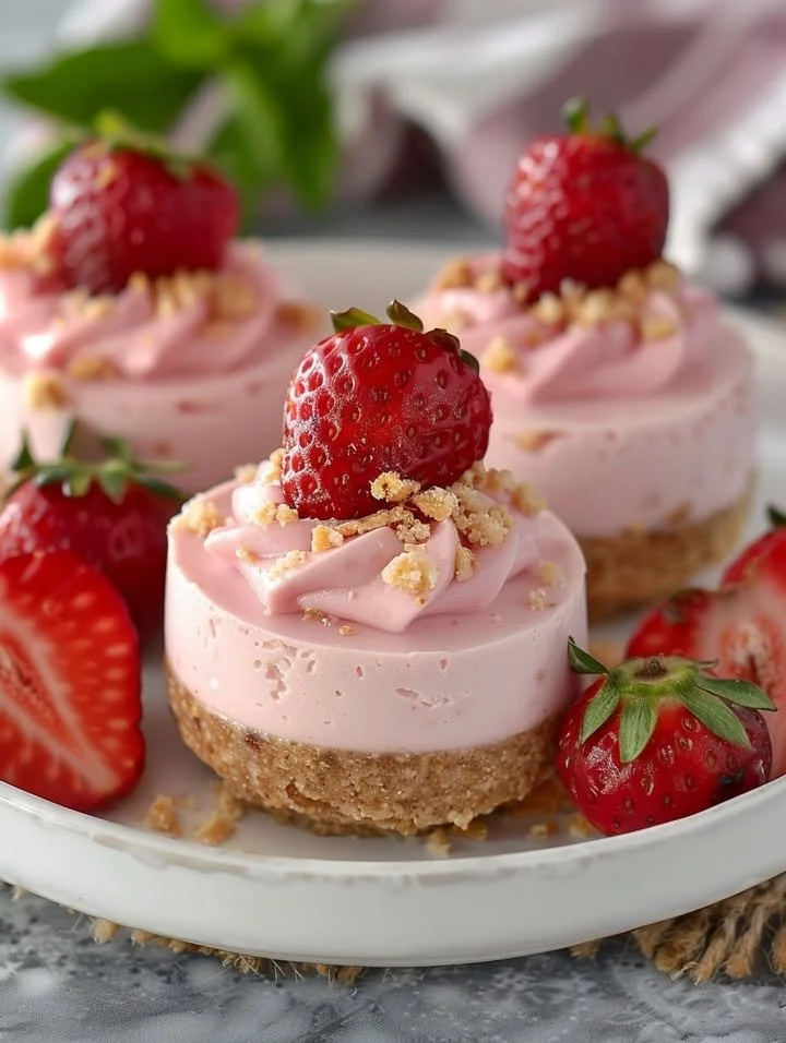 No-bake strawberry banana cheesecake bites served on a plate