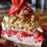 No-Bake Strawberry Crunch Cake layered dessert with strawberries and crunch topping