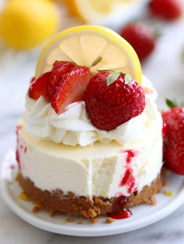 No-bake strawberry lemon cheesecake slice on a plate with fresh strawberries.