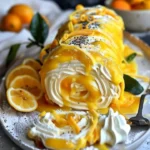 No-Bake Velvet Lemon Cream Roll Cake topped with lemon zest and cream