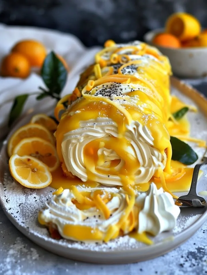 No-Bake Velvet Lemon Cream Roll Cake topped with lemon zest and cream