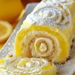 No-bake velvet lemon cream roll cake garnished with lemon slices.