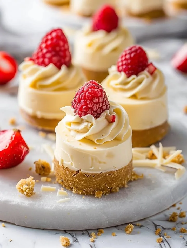 No-Bake White Chocolate Cheesecake Bites on a graham cracker crust