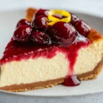 Creamy ricotta cheesecake slice on a plate with fresh berries and mint