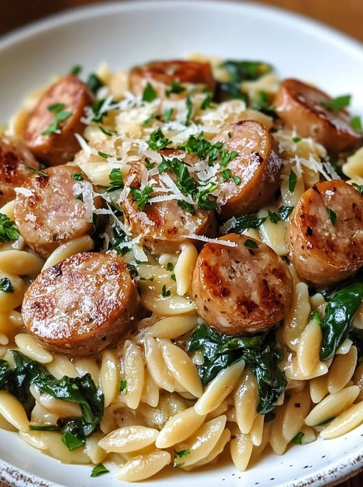 One Pan Creamy Orzo with Chicken Sausage dish on a serving plate