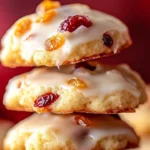 Orange cranberry ricotta cookies arranged on a plate, garnished with orange zest.