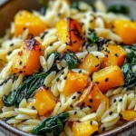 Orzo with roasted butternut squash and spinach in a creamy sauce