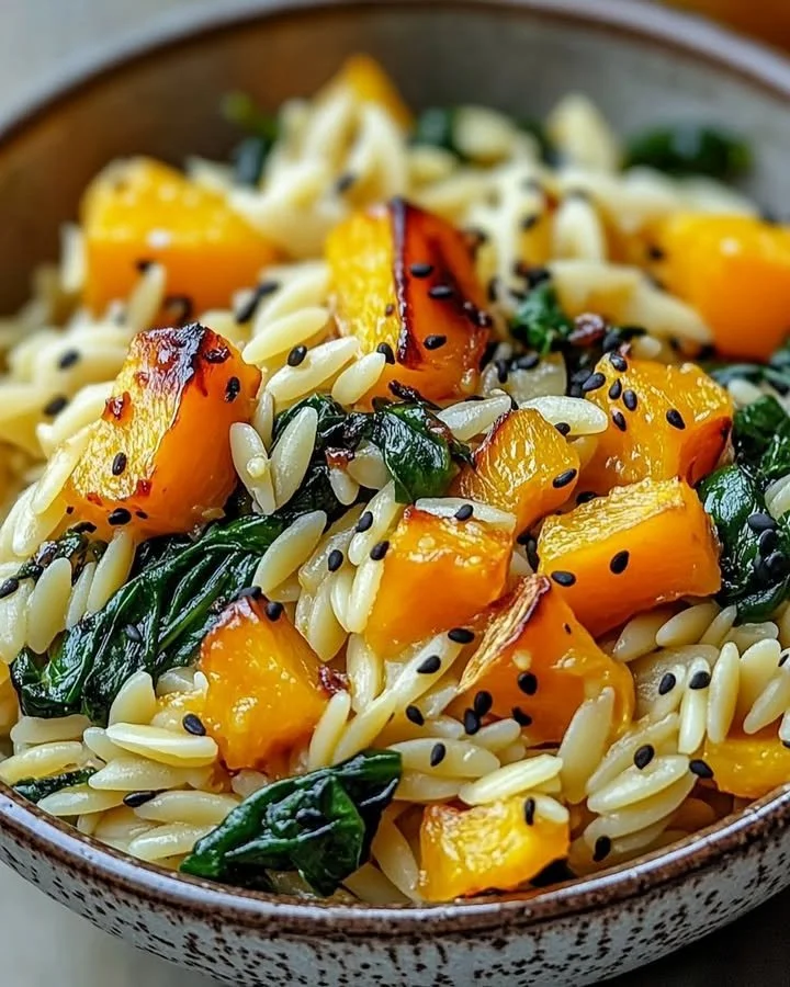 Orzo with roasted butternut squash and spinach in a creamy sauce