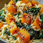 Bowl of orzo with roasted butternut squash and spinach