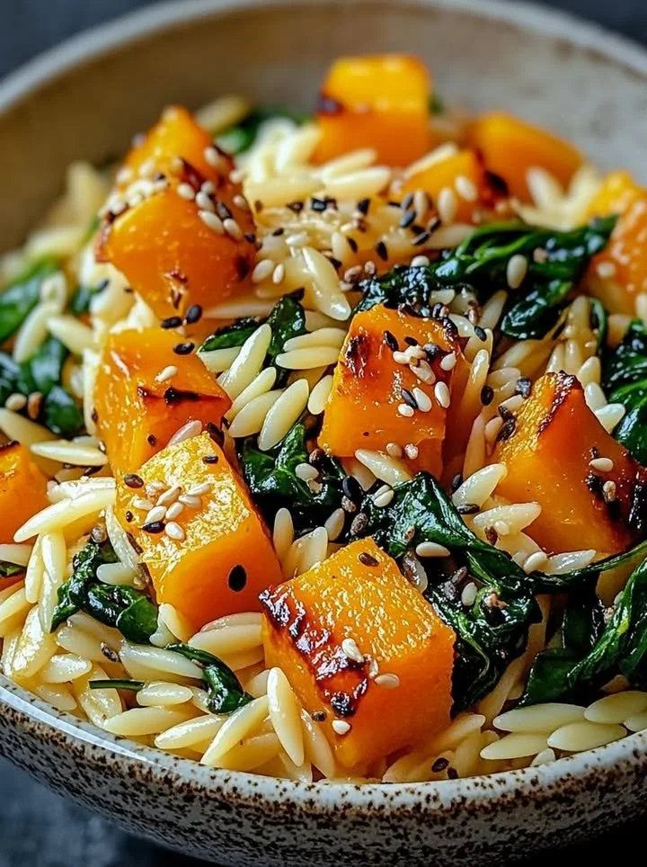 Bowl of orzo with roasted butternut squash and spinach