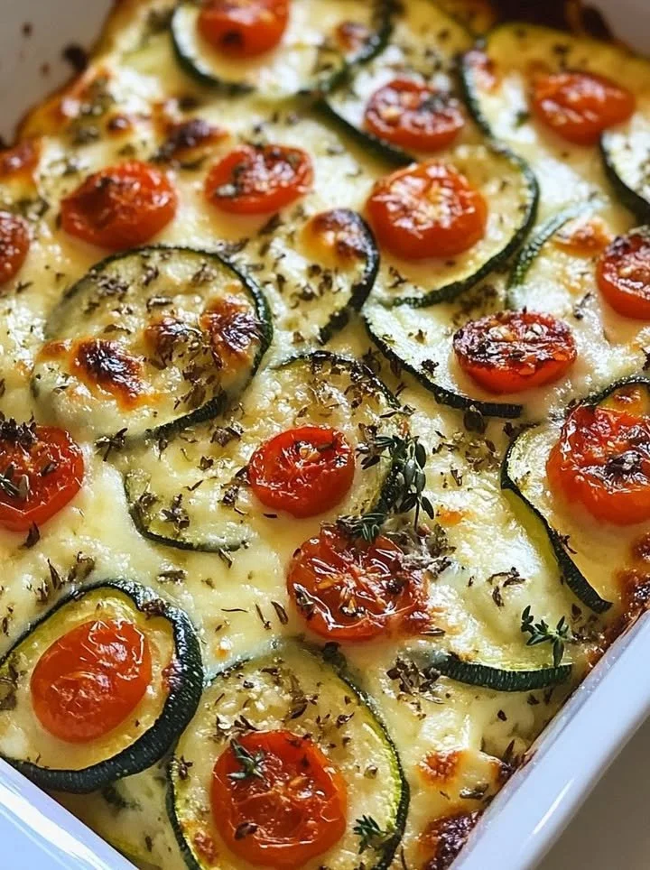 Oven baked zucchini topped with cheese in a dish ready to serve