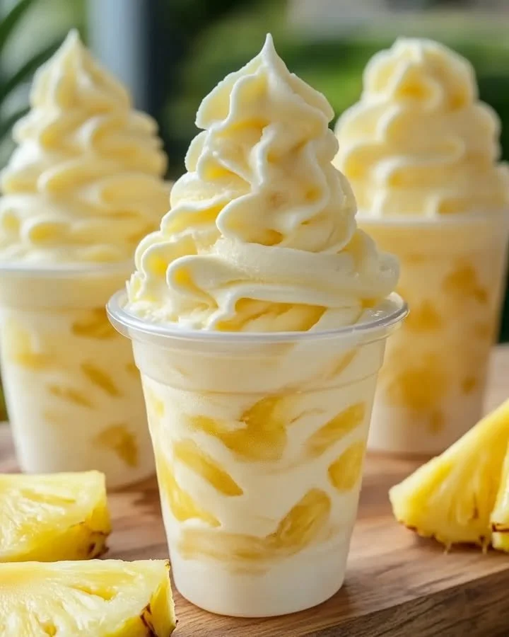 Delicious pineapple ice cream swirls in a bowl, garnished with fresh pineapple slices.