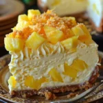 A slice of Pineapple Lime Cheesecake topped with fresh pineapple and lime zest.