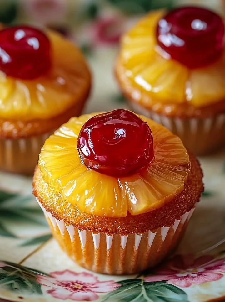 Delicious Pineapple Upside Down Cupcakes topped with caramelized pineapple slices.