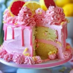 A beautifully decorated Pink Lemonade Cake topped with fresh lemons and pink frosting.