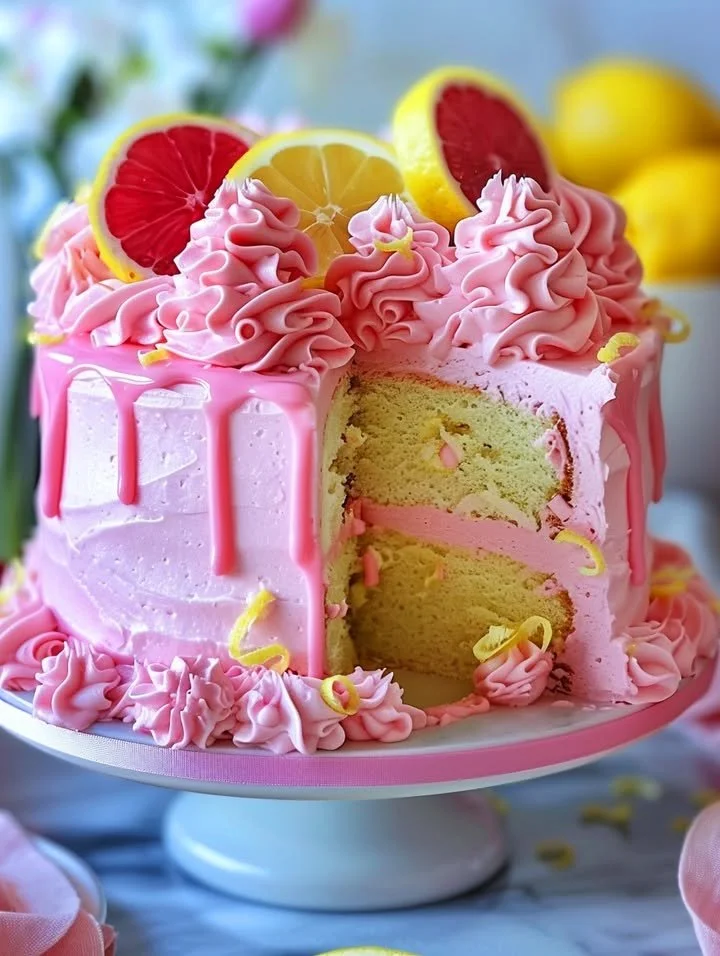 A beautifully decorated Pink Lemonade Cake topped with fresh lemons and pink frosting.