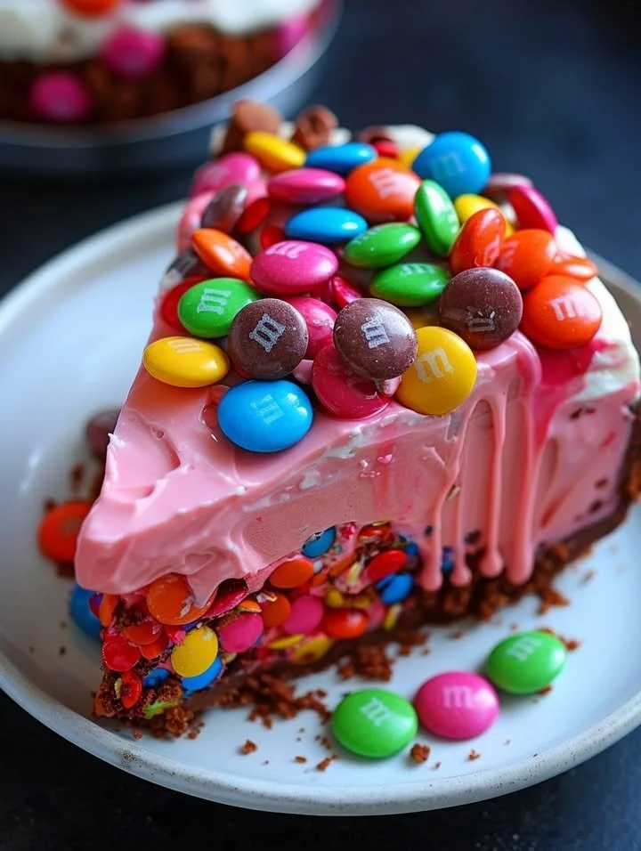 Delicious Pink Paradise No-Bake M&M and Toffee Cheesecake served on a plate