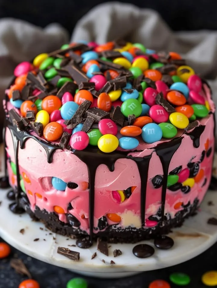 Pink Paradise No-Bake M&M Chocolate Cheesecake topped with colorful candies