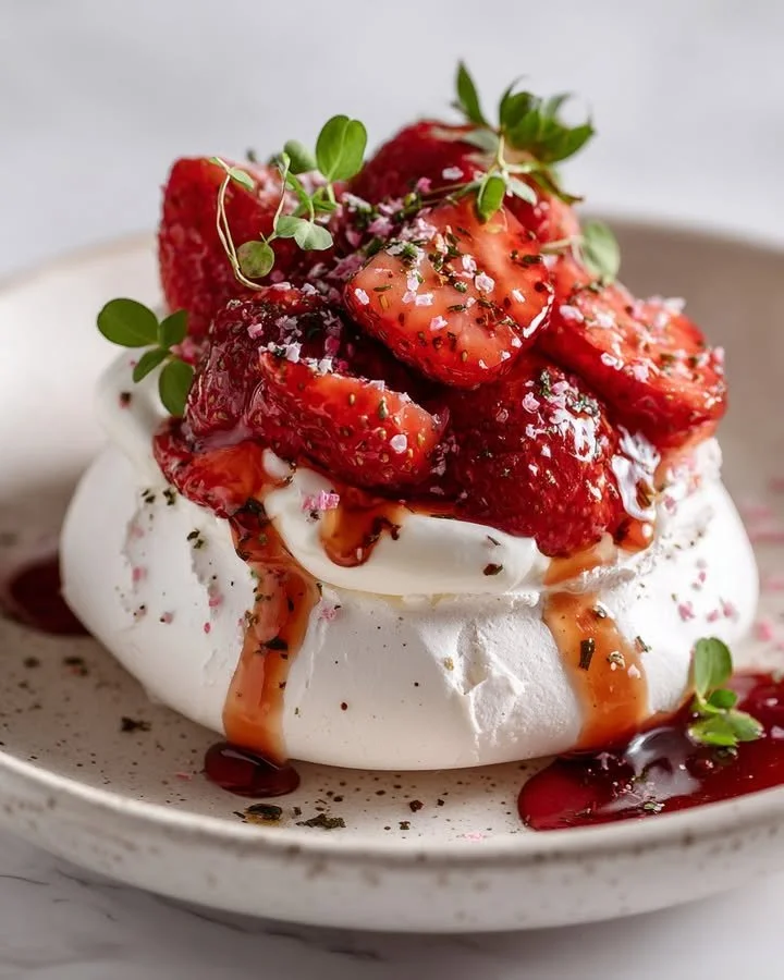Elegant Pink Pepper Pavlova with roasted strawberry balsamic glaze drizzled on top