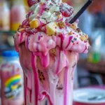 Pink Unicorn Freakshake topped with whipped cream and colorful sweets