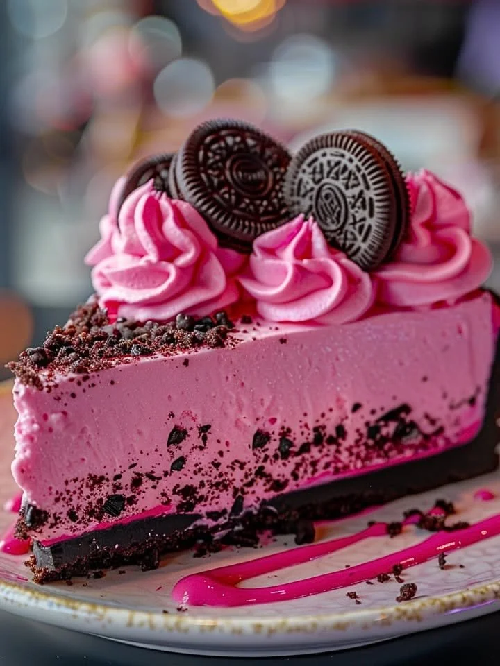 Delicious Pink Velvet Oreo Cheesecake topped with Oreo crumbs and pink frosting.