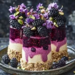 Pistachio Blackberry Cheesecake Towers with layers of creamy cheesecake and fresh berries