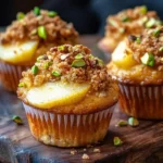 Delicious pistachio muffins topped with caramelized pears