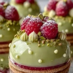 Pistachio and raspberry cheesecake domes on a dessert plate