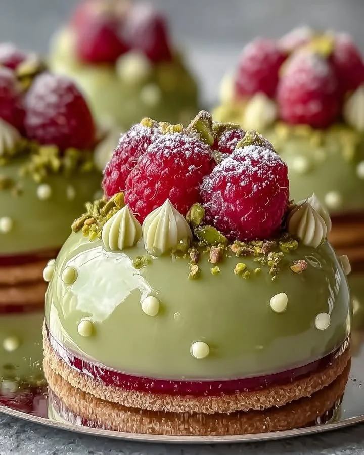 Pistachio and raspberry cheesecake domes on a dessert plate