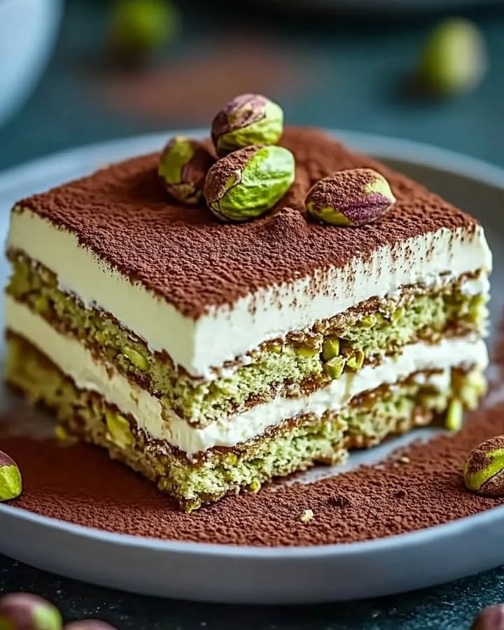 Delicious homemade Pistachio Tiramisu served in a elegant dish