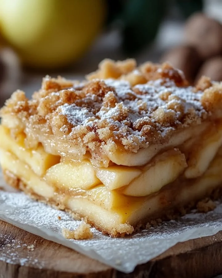 A slice of traditional Polish Apple Cake (Szarlotka) on a rustic wooden table.