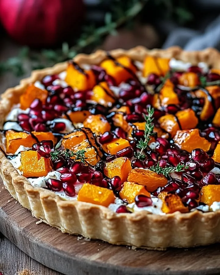 Delicious pomegranate and butternut squash tart with ricotta cheese