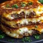 Delicious potato pancakes topped with savory beef and melted cheese