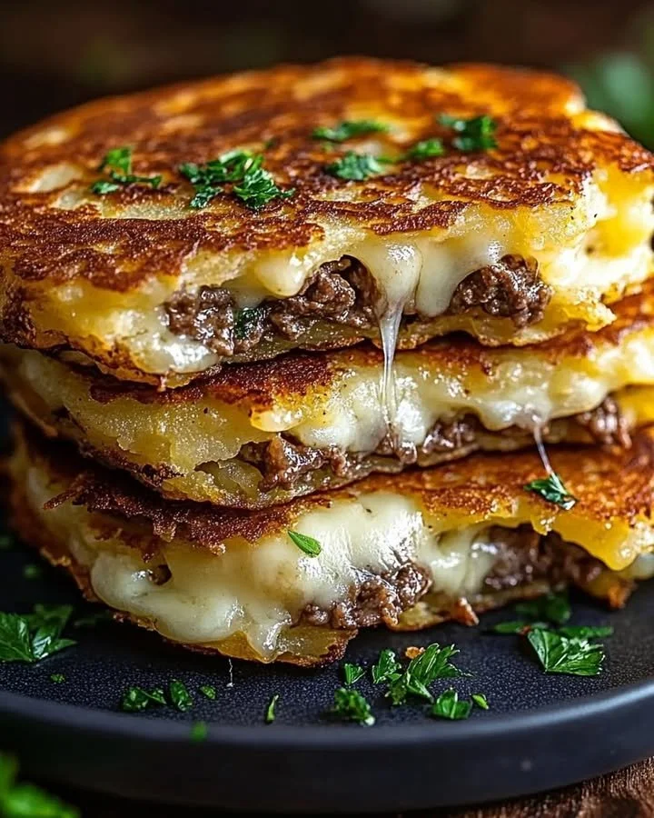 Delicious potato pancakes topped with savory beef and melted cheese