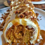 Pumpkin Caramel Spice Cake Roll drizzled with Cinnamon Glaze on a wooden table
