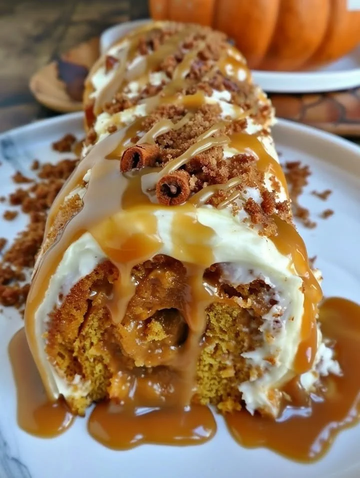Pumpkin Caramel Spice Cake Roll drizzled with Cinnamon Glaze on a wooden table