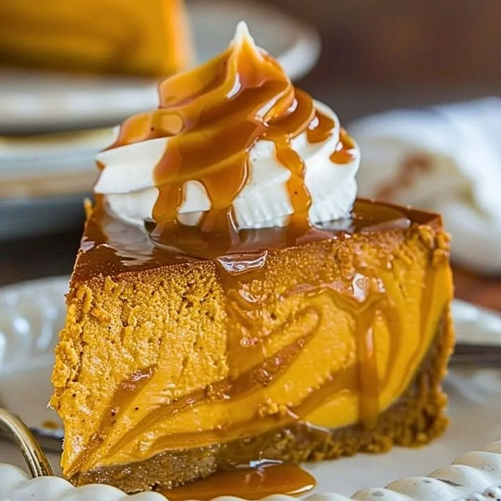Sliced Pumpkin Caramel Cheesecake with caramel drizzle on top