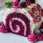 Purple velvet cake roll sliced on a white plate, showcasing its colorful and creamy filling.