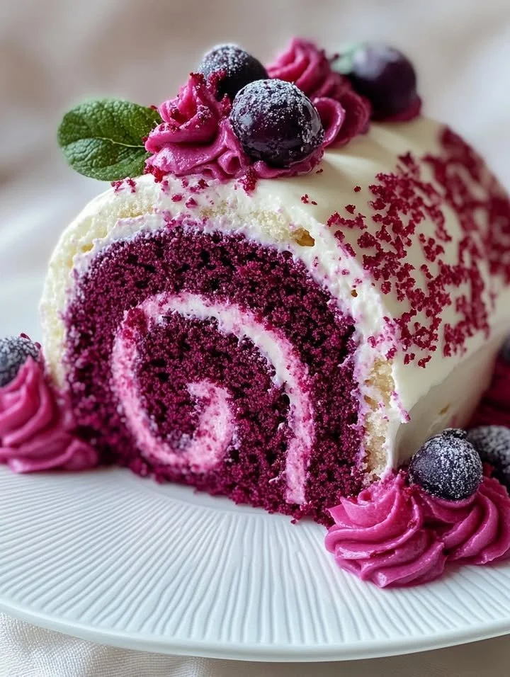 Purple velvet cake roll sliced on a white plate, showcasing its colorful and creamy filling.