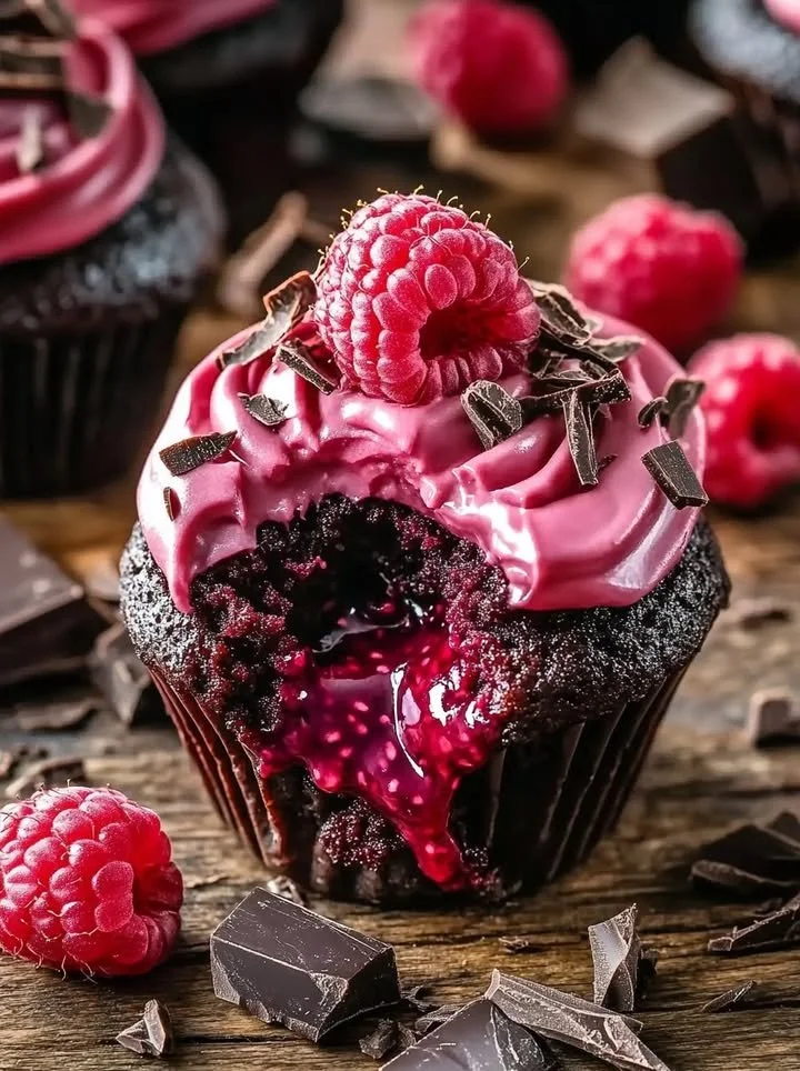 Delicious Raspberry Chocolate Lava Cupcakes with gooey chocolate center