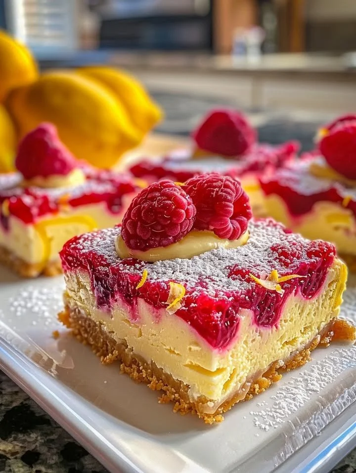 Delicious raspberry lemon cheesecake bars on a white plate