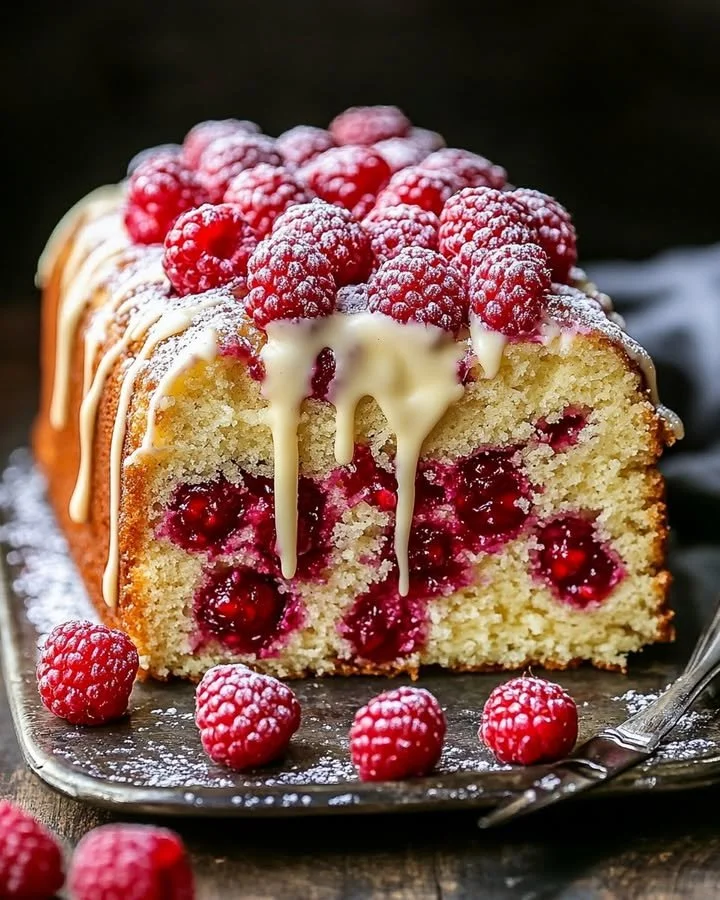 Delicious Raspberry Sauce Pound Cake drizzled with white chocolate topping