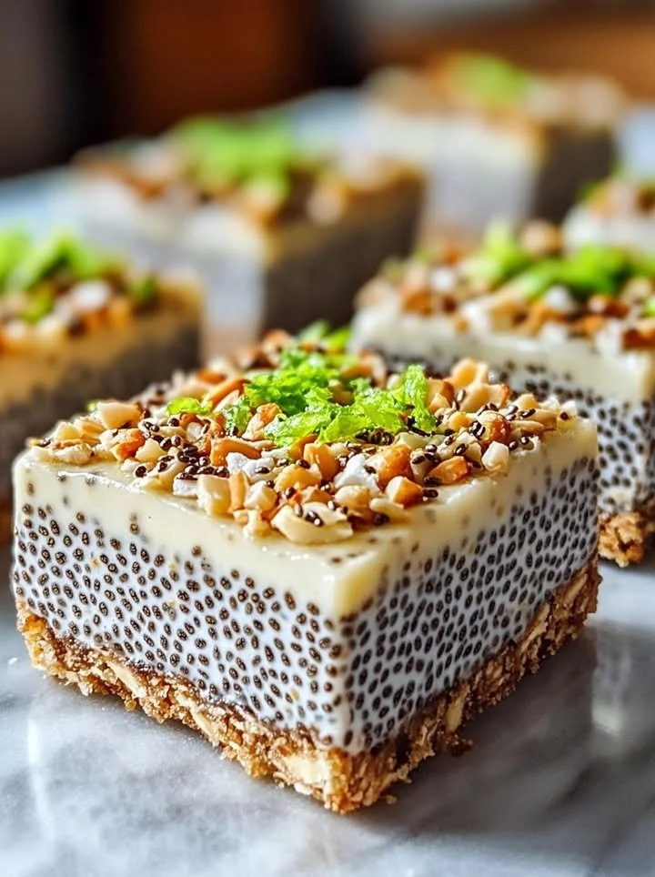 No-bake chia pudding bars with coconut lime flavor on a wooden table.