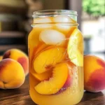 Glass of refreshing peach lemonade with fresh peaches and lemon slices