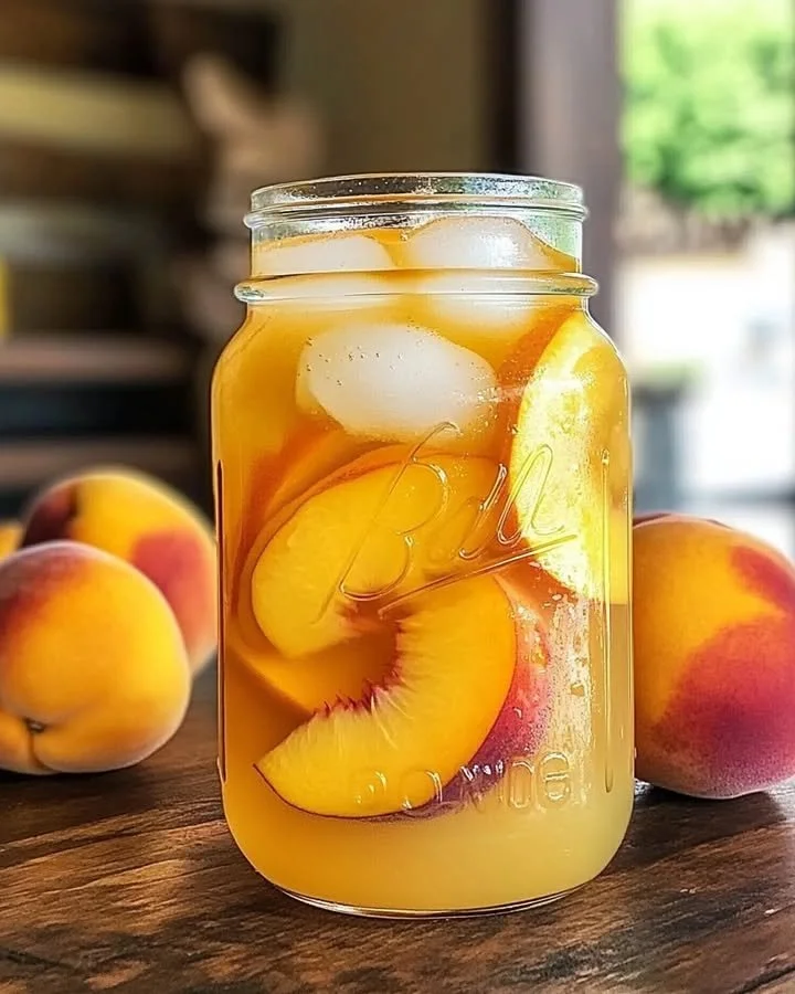 Glass of refreshing peach lemonade with fresh peaches and lemon slices