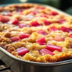 Rhubarb cake served with a delicious butter sauce on a white plate